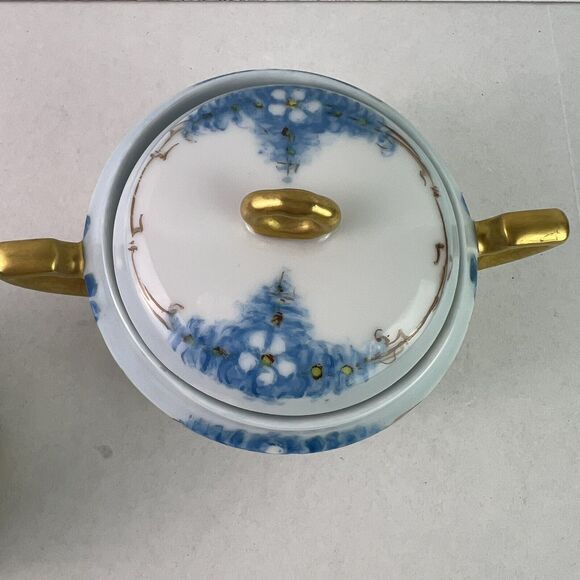 Vintage Epiag Czechoslovakia Footed Cream and Sugar Bowl Blue With Daisies - Picture 4 of 13